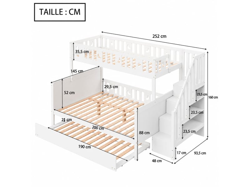  Lit superposé enfant avec escalier de rangement et lit gigogne, bois blanc, couchages 90x200 et 140x200 cm  - Conforama C