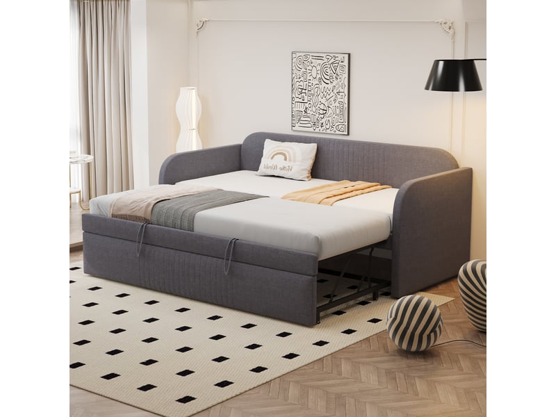  Lit enfant rembourré 90x180190 cm, cadre de lit adulte avec cadre en lin, lit simple multifonction, lit 1 personne, gris  - Conforama C