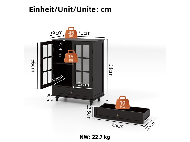  Buffet bas 71x38x93 cm avec 2 portes en verre de sécurité trempé et 1 tiroir en mdf couleur noir, moderne  - Conforama C
