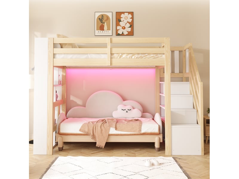  Lit mezzanine 90x200 cm, 274x96x175 cm, escalier à casiers, led, bois et mdf, blanc et bois naturel, sans matelas  - Conforama B