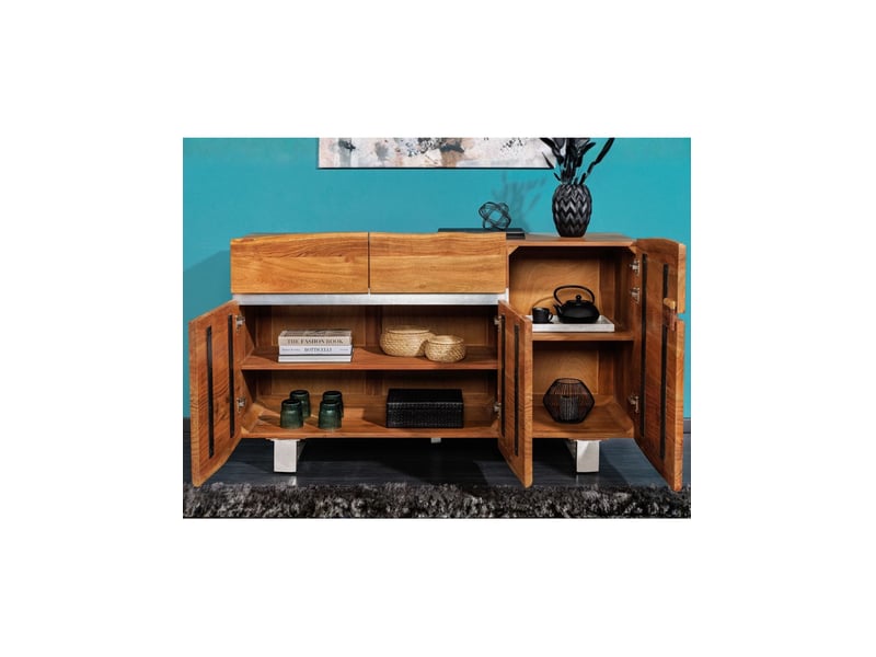 Buffet arkaya 135 cm en bois massif d'acacia verni – 3 portes, 2 tiroirs et pieds acier - Conforama D