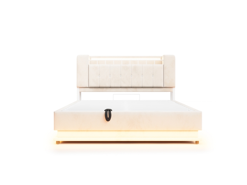  Lit rembourré 160x200 cm beige en velours avec led, usb et rangement hydraulique  - Conforama A