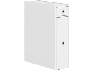 Meuble de rangement de salle de bain étroit blanc avec 2 tiroirs et niche ouverte, 48 × 16 × 58 cm, pratique au quotidien