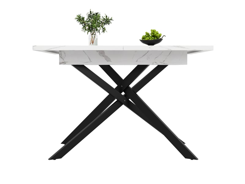  Table extensible 120-160x80x76,5 cm pieds croisés métal plateau mdf effet marbre(matériau non marbré), blanc+noir  - Conforama A