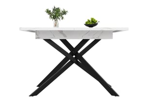 Table extensible 120-160x80x76,5 cm pieds croisés métal plateau mdf effet marbre(matériau non marbré), blanc+noir