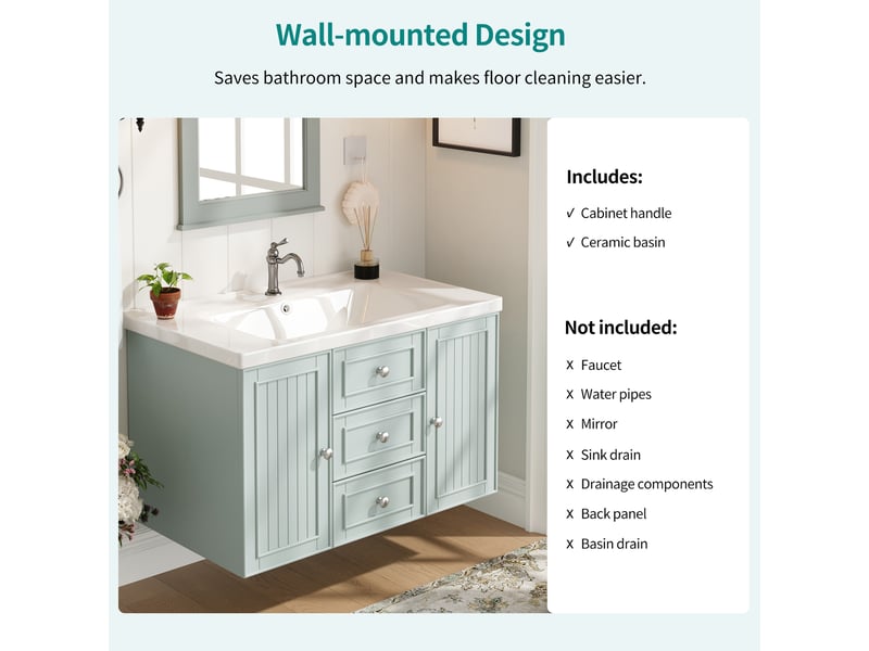 Meuble sous lavabo suspendu avec vasque céramique et 3 tiroirs - lpospi - rangement mdf vert 78,5 × 46 × 46,8 cm - Conforama E