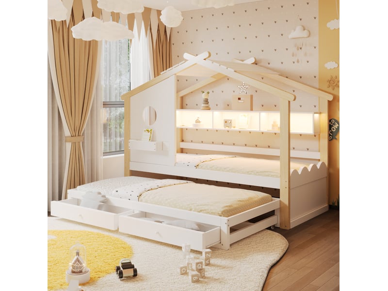 Lit enfant cabane avec lit gigogne, tiroirs, led et ports usb et type-c, en bois blanc et naturel - Conforama D