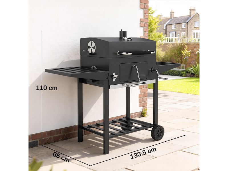  Barbecue à charbon sur roulettes avec grille réglable, thermomètre et tables pliantes  - Conforama E