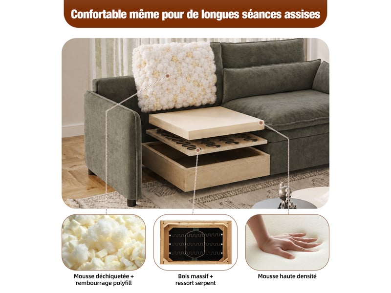  Canapé convertible 3 places gris foncé en chenille avec rangement, 206 cm Fay Lum - Conforama R