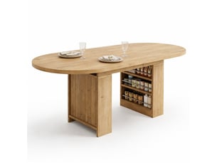 Table de salle à manger extensible pour 6 à 8 personnes avec rangements ouverts, style scandinave en mdf chêne clair