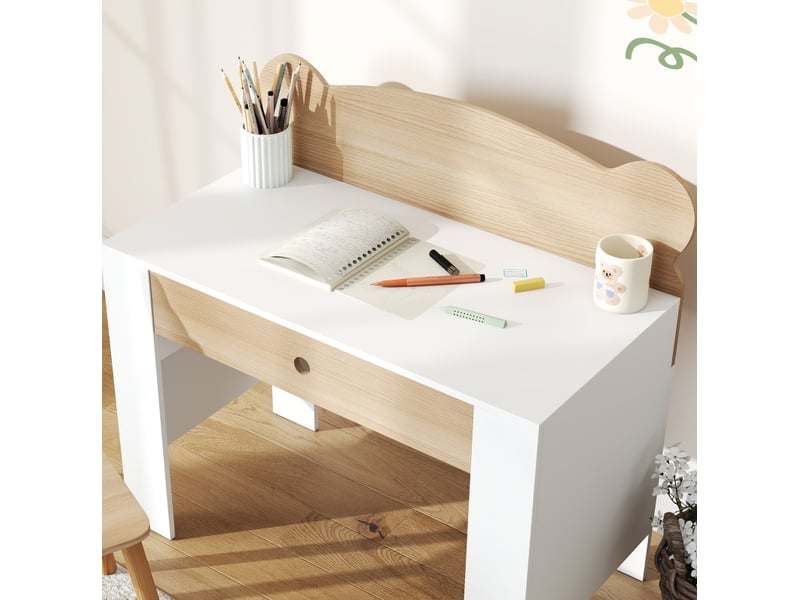 Ensemble bureau enfant 80x41x74,5 cm blanc et bois, avec chaise et tiroir de rangement pour 3 à 8 ans - Conforama E