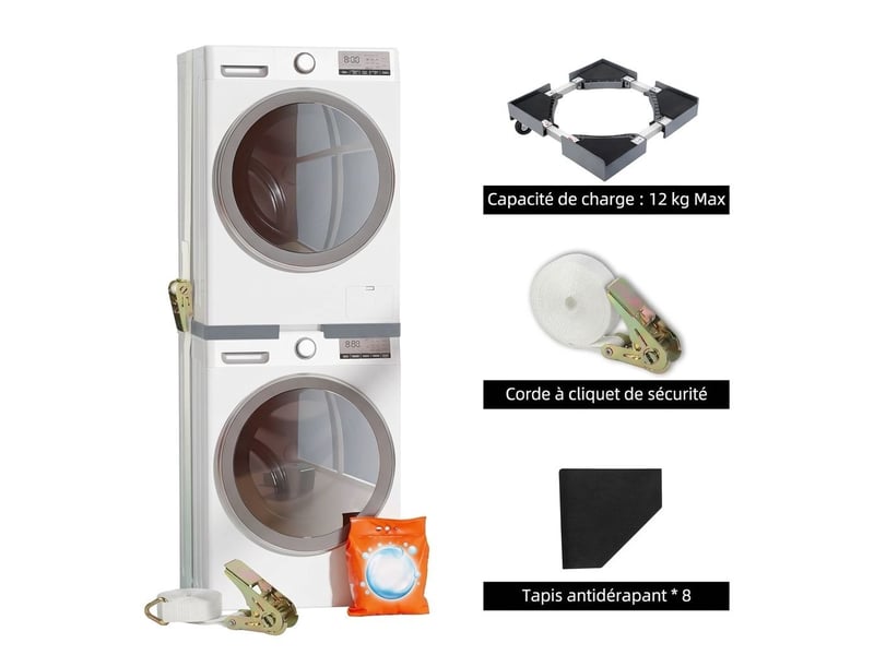 Kit de superposition universel lave-linge et sèche-linge réglable 50 à 70 cm – cadre intermédiaire acier renforcé charge lourde 500 kg avec sangle à cliquet 6m et 8 patins anti-vibrations - Conforama B