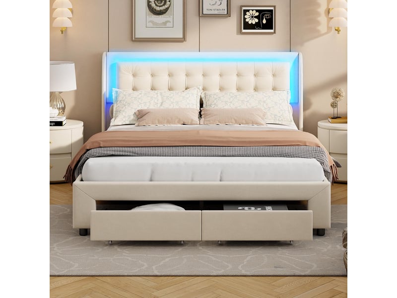  Lit coffre 160x200cm - lit double 160x200 - avec 2 tiroirs et tête de lit led rgb, rembourré en velours - style moderne - beige  - Conforama B