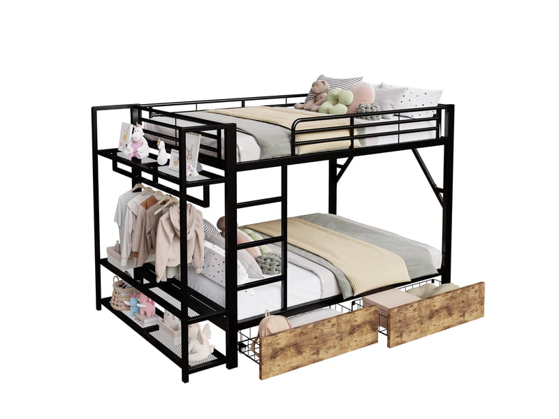 Lit superposé 140 x 200 cm, structure en fer, 2 tiroirs, plusieurs étagères, éclairage led, penderi, noir - Conforama A