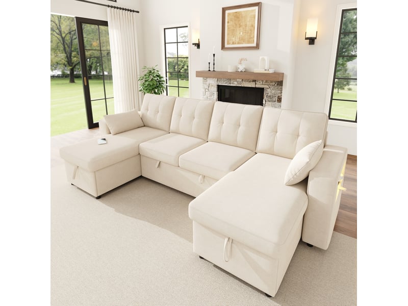  Canapé panoramique en u 4 places convertible avec rangements, usb, type c et led en chenille beige  - Conforama B