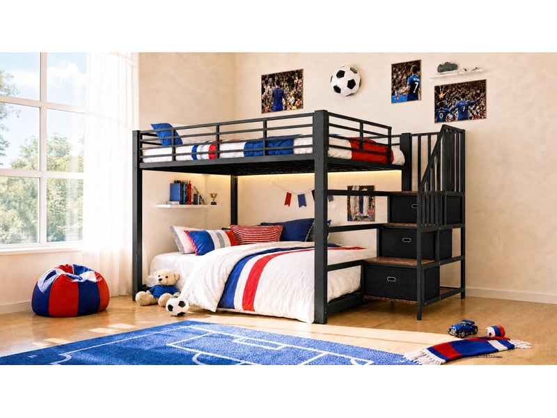  Lit superposé tcqpz 140 x 200 cm avec escalier de rangement réversible led prises usb métal mdf noir  - Conforama B