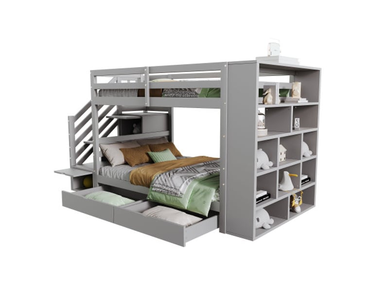  Lit superposé 90x200 cm, lit enfant avec 2 tiroirs et escalier, étagères de rangement, sommier à lattes, en bois, gris, sans matelas  - Conforama E