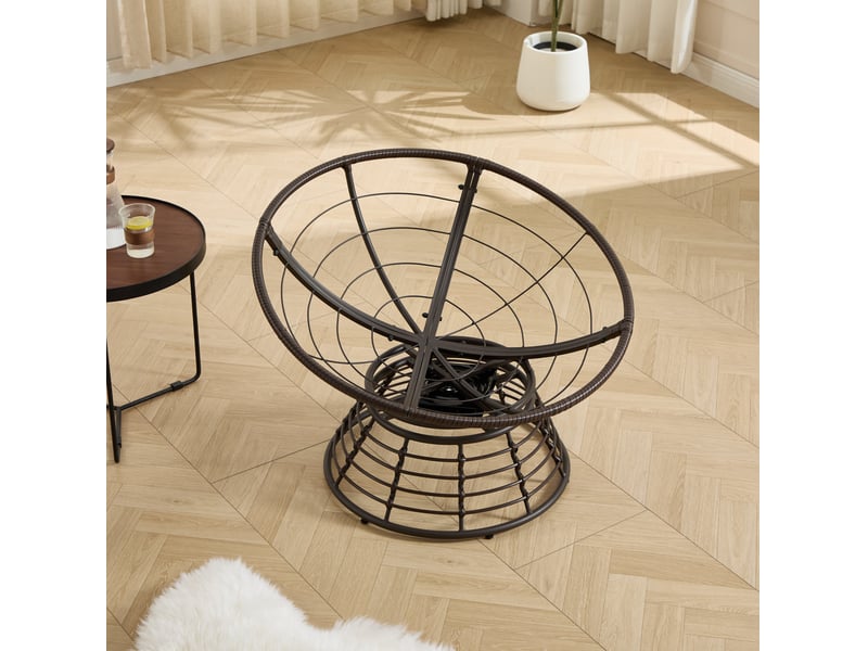  Fauteuil papasan rond gris pivotant 360° 92 cm, acier et rotin pe, assise rembourrée confortable intérieur et extérieur  - Conforama E
