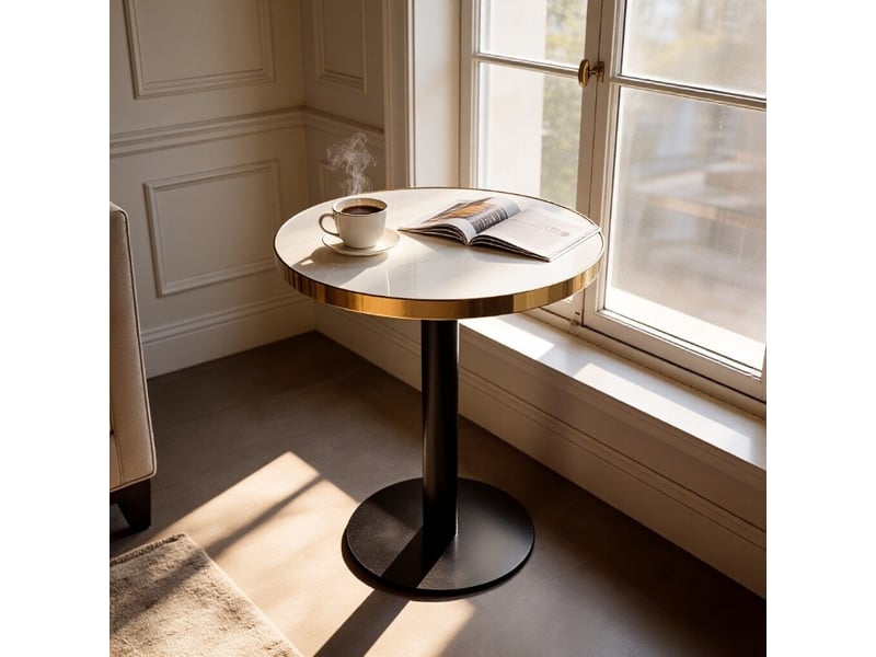  Guéridon rond moderne – plateau effet marbre uv et acier inoxydable doré – blanc ø 60 x h 74 cm  - Conforama B