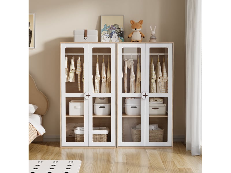 Armoire 2 éléments avec portes acryliques, étagères réglables et penderies, blanc et bois naturel, 160 × 50 × 150 cm - Conforama B