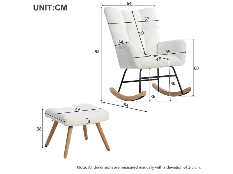 Fauteuil à bascule blanc en bouclette, repose-pieds réglable 49 x 38 x 38 cm, structure en bois et patins feutre  - Conforama C