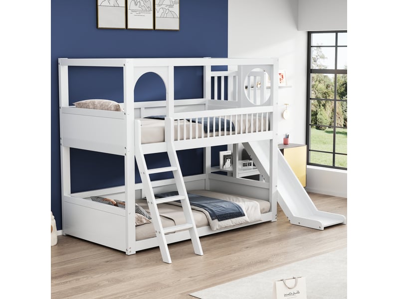  Lit superposé enfant avec étagères et toboggan blanc 90 x 200 cm  - Conforama C