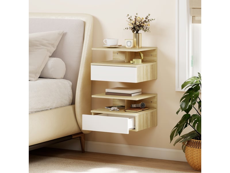  Ensemble de 2 tables de chevet suspendues avec tiroir et étagère ouverte, 35 x 32 x 22,5 cm, blanc et chêne  - Conforama C