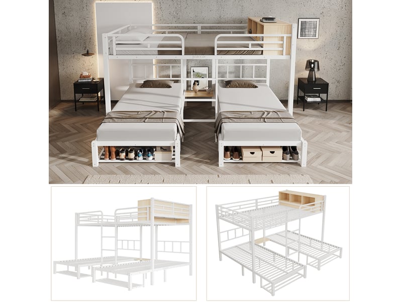  Lit superposé 3 couchages 140x200 et 2x90x200 cm, rangements, échelle, métal et bois, blanc naturel, sans matelas  - Conforama D