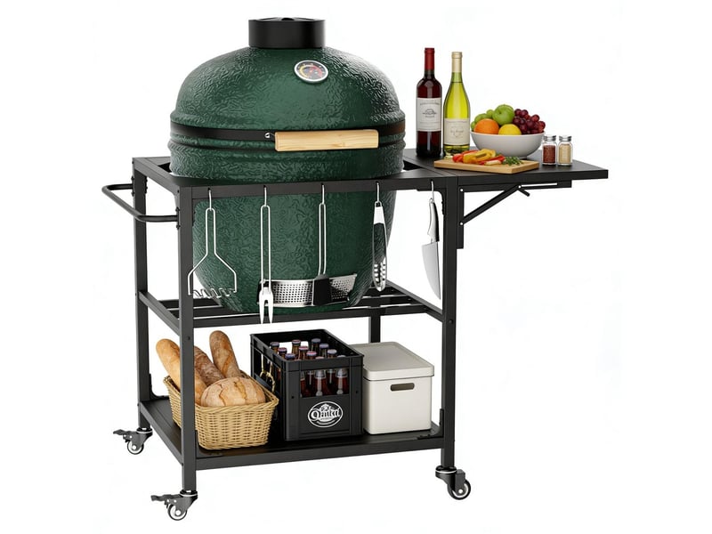  Table barbecue extérieur big green egg chariot métal robuste roulettes rangement crochets housse amovible grand barbecue compatible  - Conforama E