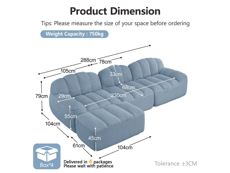  Canapé d'angle modulaire avec ottoman, assise profonde et soutien ergonomique, en tissu polaire granuleux bleu  - Conforama E