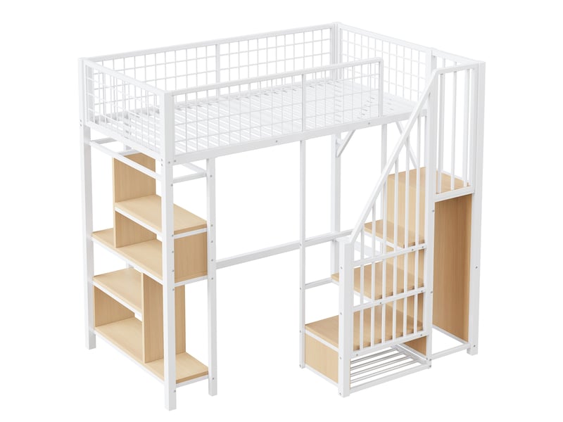  Lit mezzanine enfant 90x200 cm – blanc – escalier de rangement, étagères et placard intégré - sans matelas  - Conforama D