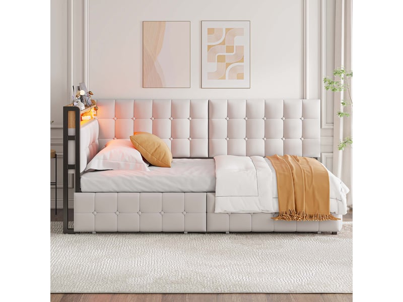 Lit enfant rembourré 90 x 200 cm avec 2 tiroirs, led, usb et usb-c, beige Fay Lum - Conforama D