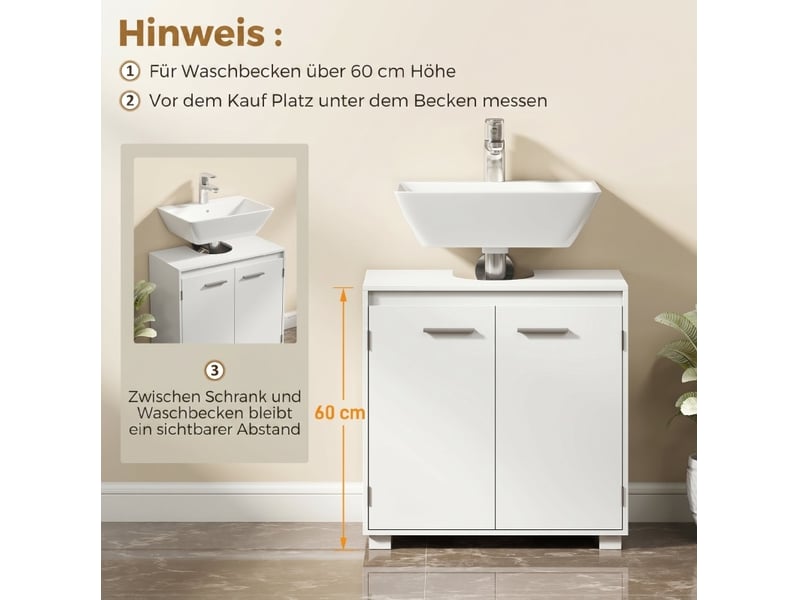 Meuble sous vasque à découpe en u avec 2 portes et étagère réglable pour salle de bain en mdf blanc 60 × 30 × 60 cm - Conforama E