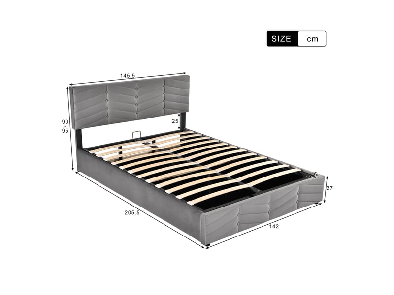  Lit capitonné, lit double, sommier réglable hydrauliquement, velours, rayures, style continental, tête de lit réglable en hauteur, 140 x 200 cm, gris  - Conforama C