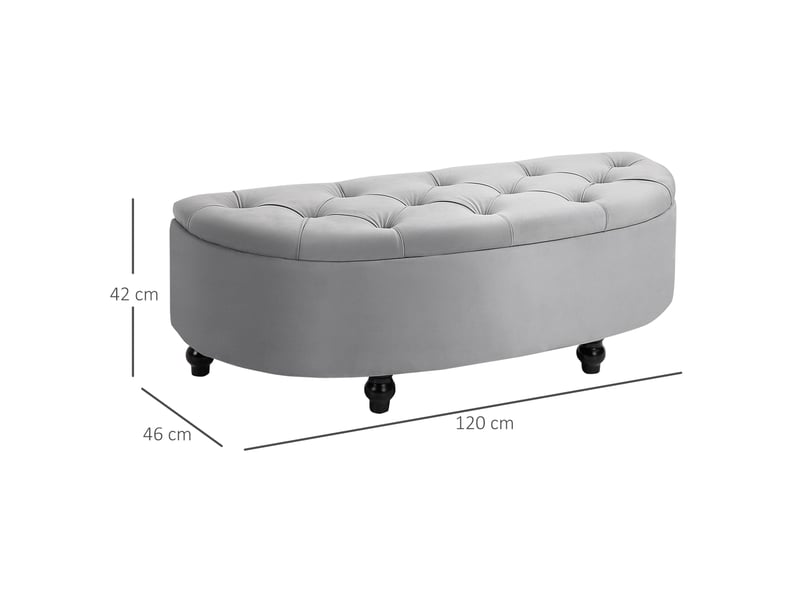  Banc de rangement 120 x 46 x 42 cm gris en velours polyester, assise capitonnée et coffre intégré, pieds noirs  - Conforama C