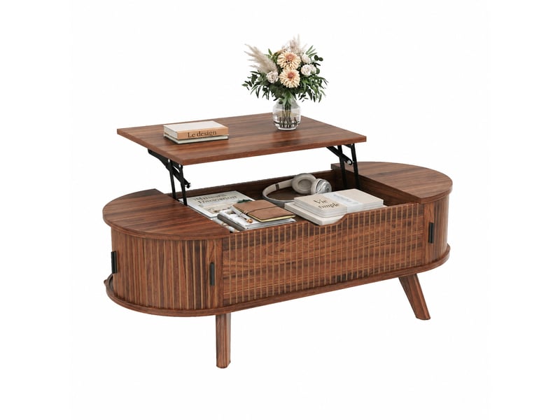  Table basse ovale relevable effet noyer avec rangement caché, 110 x 50 x 53,5 cm  - Conforama A