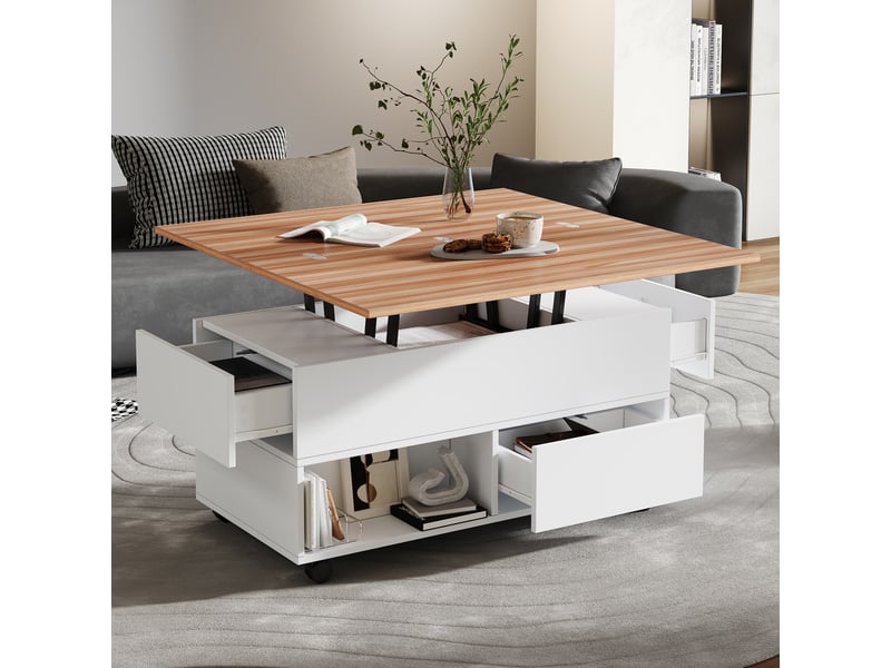 Table basse relevable extensible 100x100 cm avec 4 tiroirs et roulettes, rangement modulable, blanc et bois - Conforama D
