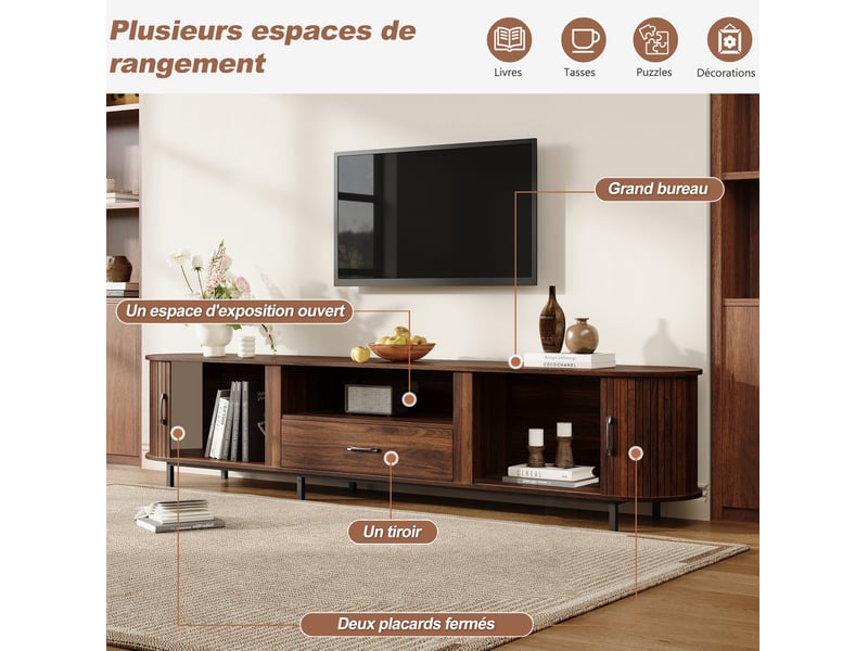  Meuble tv 180x40x50 cm avec tiroirs et niches de rangement, structure en mdf, coloris bois foncé noyer, pour le salon  - Conforama E