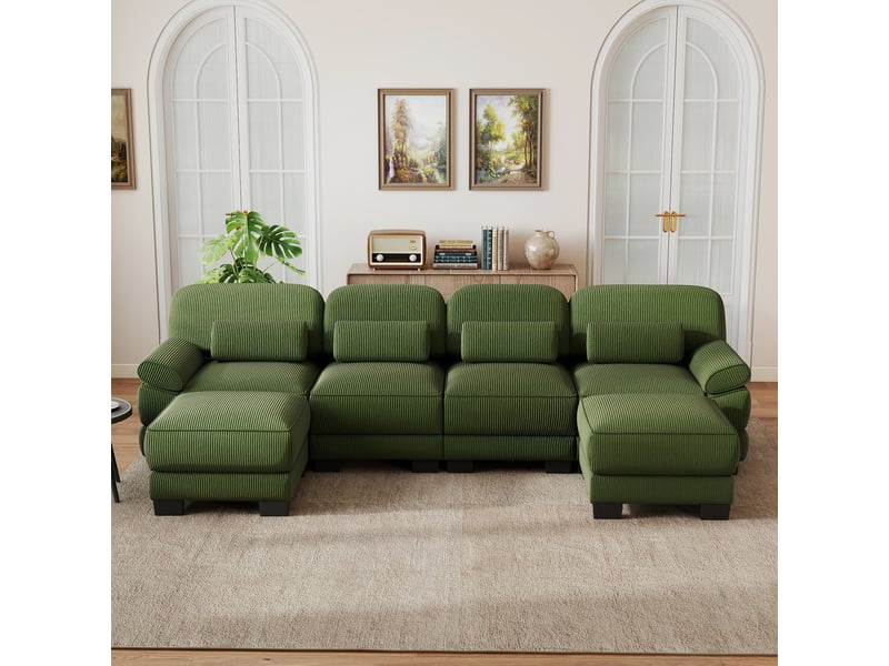 Canapé d'angle 4 places en u moderne avec 2 poufs, structure à cadre, assise profonde et spacieuse, cordon cord doux, coussins épais, vert, pour salon - Conforama D