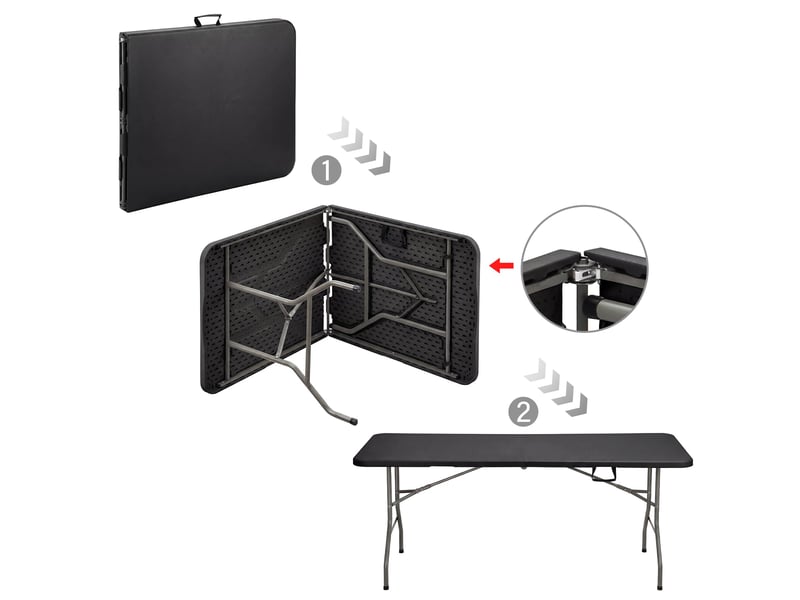  Table pliante 180 x 74 x 74 cm, 6 ou 8 places, table pliante d'extérieur avec verrou de sécurité, poignée de transport noir  - Conforama D