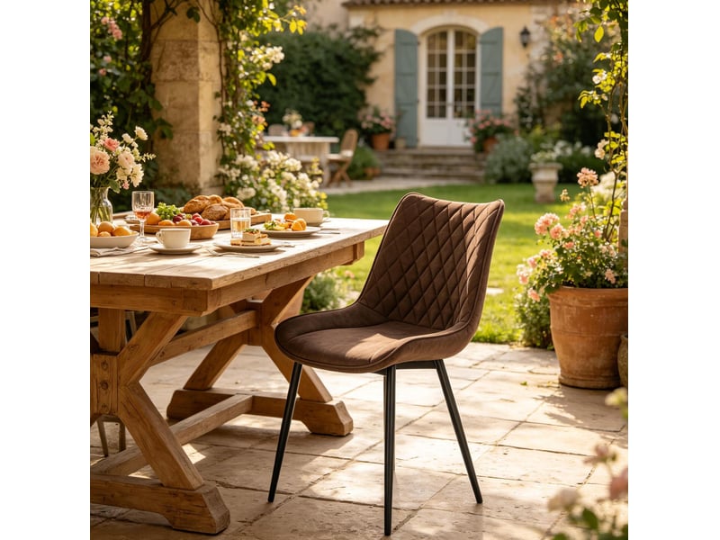  Lot de 2 chaises de salle à manger marron en cuir régénéré, dossier ergonomique et pieds en métal noirs  - Conforama E