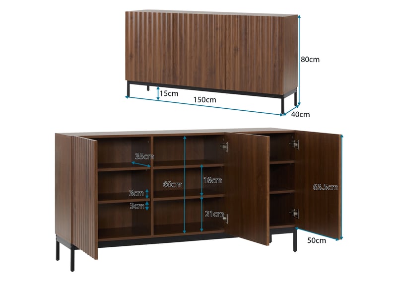  Buffet bas modenvie 150 x 40 x 80 cm design 3d ondulé 3 portes étagères réglables mdf brun foncé  - Conforama C