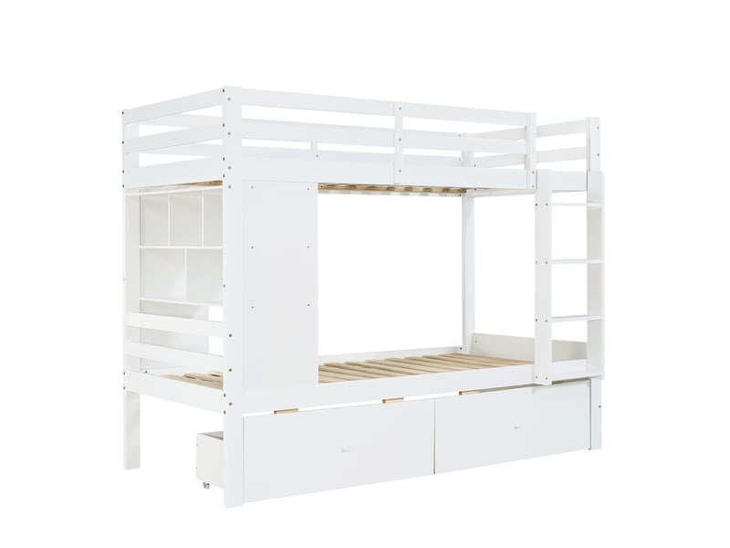 Lit superposé enfant 90x200 cm – blanc – 2 tiroirs, étagère ouverte et échelle intégrée – sans matelas - Conforama D