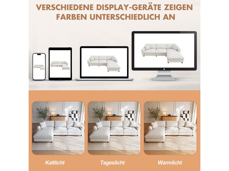  Canapé d’angle 3 places réversible avec méridienne 90 cm  - assise à ressorts ensachés, chenille beige  - Conforama E