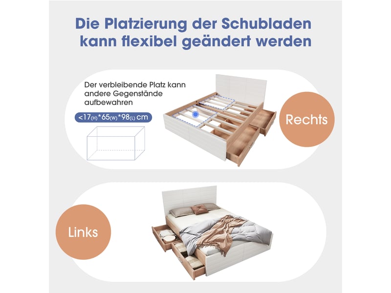  Cadre de lit, lit double 160x200 cm, 2 tiroirs, sommier à lattes, bois massif chêne blanc et clair, matelas inclus  - Conforama E