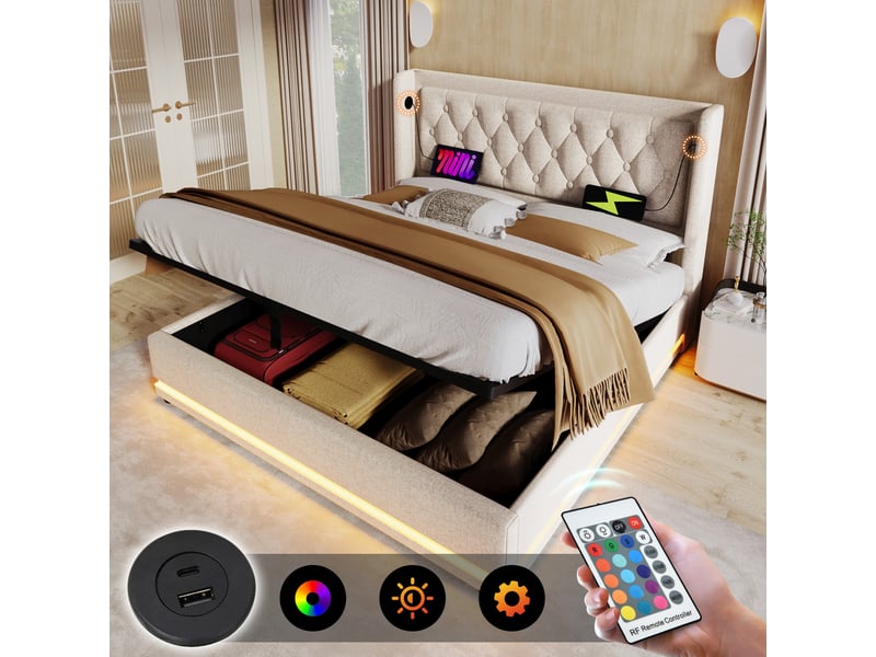  Lit double 180x200 coffre hydraulique capitonné beige avec led et usb  - Conforama B