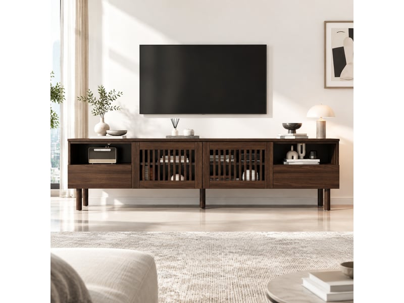  Meuble tv avec 2 portes grillagées, 2 tiroirs, niches ouvertes et passe-câbles pour salon en mdf noyer 180×40×51 cm  - Conforama B
