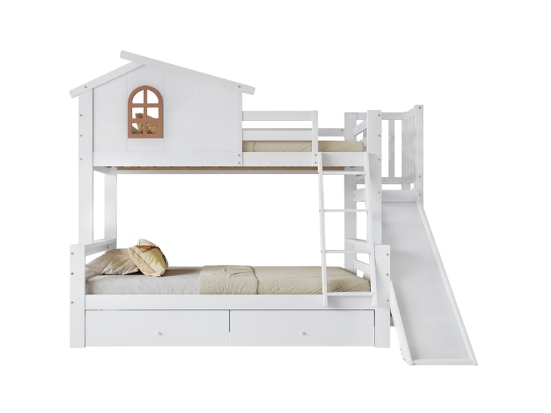  Lit superposé 90x200 et 120x200 cm avec toboggan, escalier et tiroirs blanc  - Conforama A