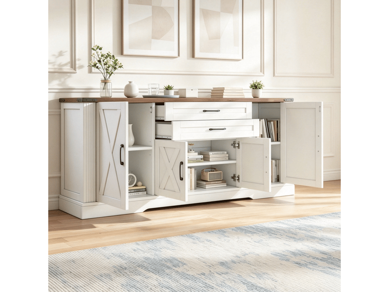  Buffet de cuisine avec 4 portes, 2 tiroirs et 6 étagères réglables, style campagne, blanc et brun, 160 × 39 × 81,5 cm  - Conforama D