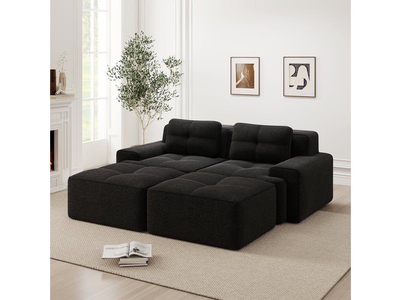  Canapé d'angle, canapé modulable – sans cadre, sans montage, avec pouf, en velours tricoté, forme u, 2 places, noir, assise profonde, style cloud  - Conforama C